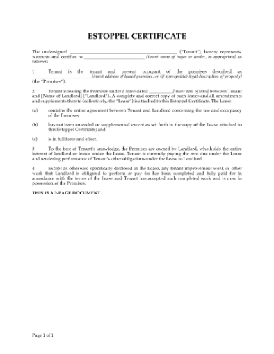 Picture of USA Commercial Tenant Estoppel Certificate