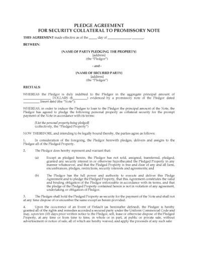 Picture of USA Pledge of Security Collateral to Promissory Note