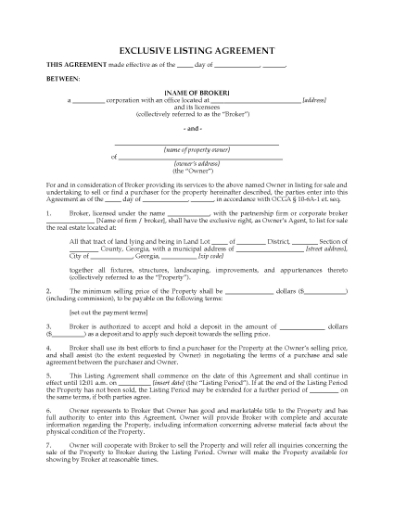 Picture of Georgia Exclusive Real Estate Listing Agreement