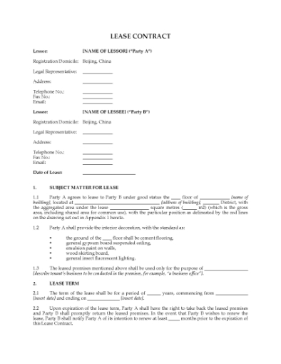 Picture of Commercial Lease Contract for Beijing Premises | China