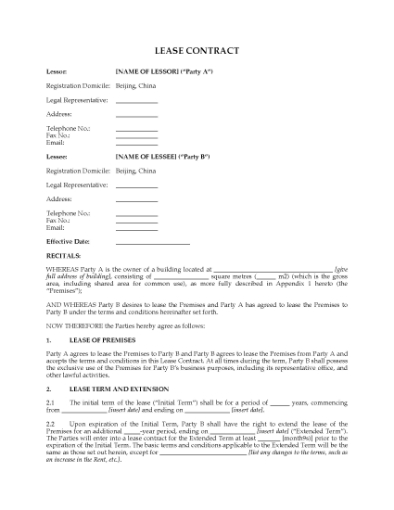 Picture of China Commercial Lease Contract in Favor of Tenant