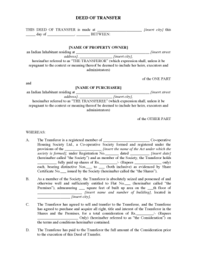 Picture of Deed of Transfer for Flat | India