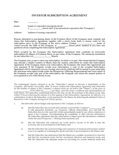 Picture of USA Investor Subscription Agreement with Rescission Notice