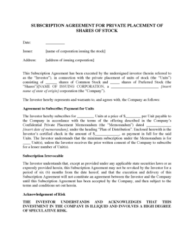 Picture of Irrevocable Share Subscription Agreement - Private Placement | USA