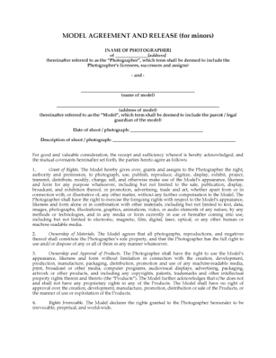 Picture of Photographer Release Agreement for Minors