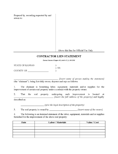 Kansas Mechanic Lien Statement