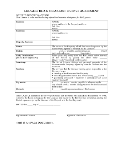 Picture of UK Bed & Breakfast Licence Agreement