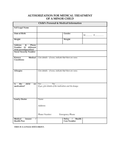 Picture of Authorization for Medical Treatment of Minor Child | USA