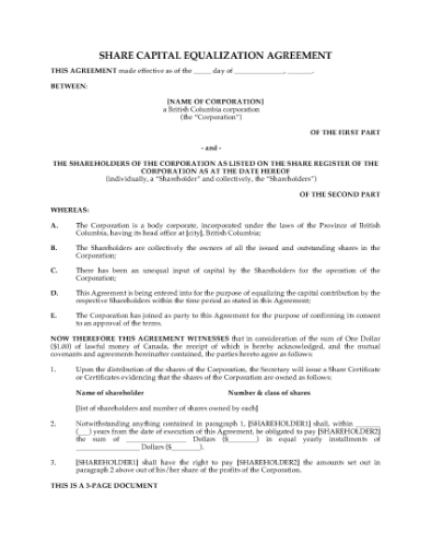 Picture of British Columbia Share Capital Equalization Agreement