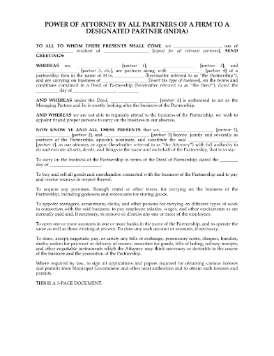 India General Power of Attorney by Partners