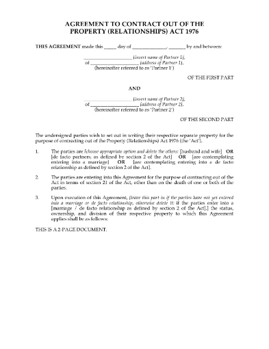 New Zealand Agreement to Contract Out of Property (Relationships) Act