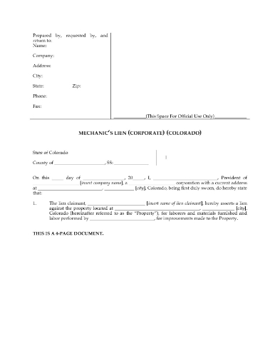 Colorado Mechanic's Lien Statement - Corporation