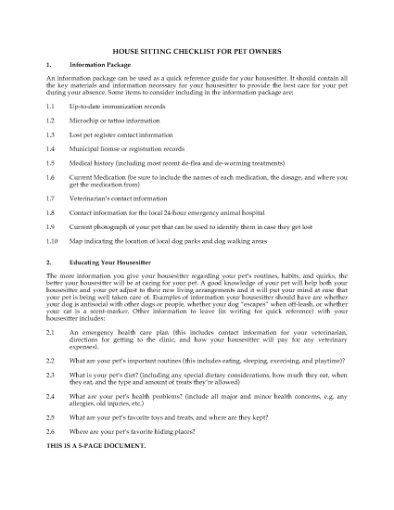 Picture of House Sitting Checklist for Pet Owners