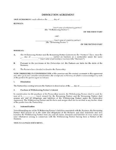 Ontario Partnership Dissolution Agreement