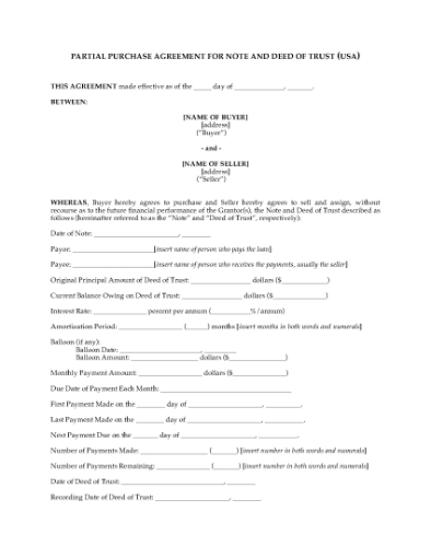 Picture of Partial Purchase Agreement for Note and Deed of Trust | USA