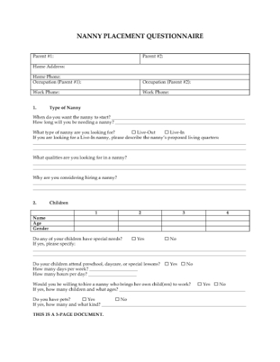 Picture of Nanny Placement Questionnaire