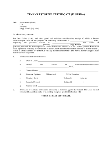 Picture of Florida Commercial Tenant Estoppel Certificate
