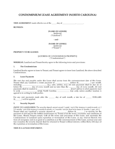 Picture of North Carolina Condominium Lease Agreement