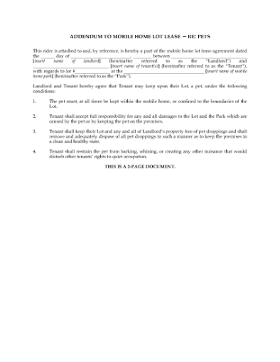 Picture of Pet Addendum for Mobile Home Lot Lease