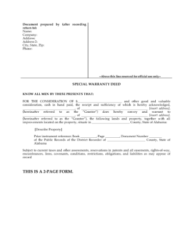 Picture of Alabama Special Warranty Deed