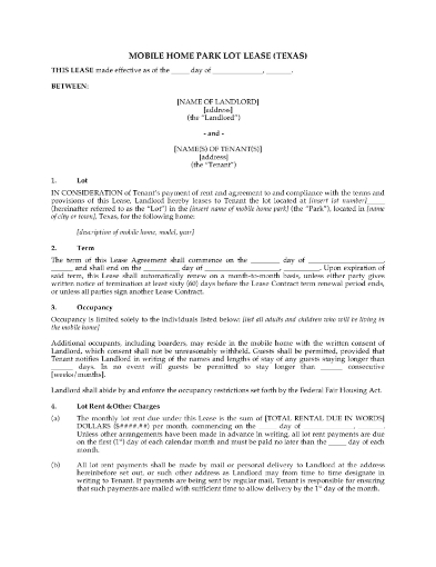 Texas Mobile Home Park Lot Lease