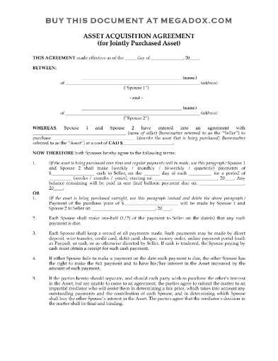 Canada agreement between spouses as to disposition of jointly owned property after divorce or separation