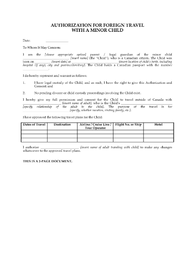 Canada Parental Authorization for Foreign Travel with Minor