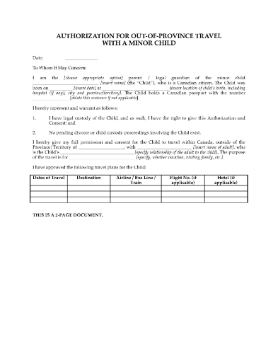 Canada Parental Consent for Child to Travel in Canada
