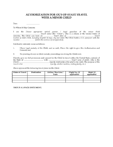 USA Parental Consent for Travel with Minor Child