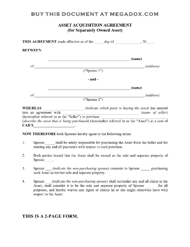 Canada Asset Acquisition Agreement for separately owned asset