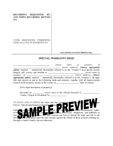 Picture of Oregon Special Warranty Deed