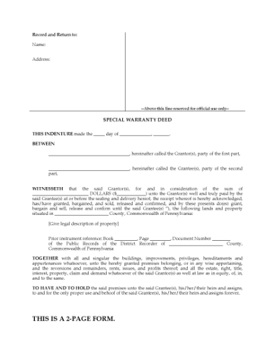 Picture of Pennsylvania Special Warranty Deed