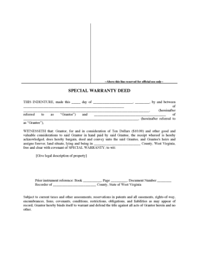 Picture of West Virginia Special Warranty Deed