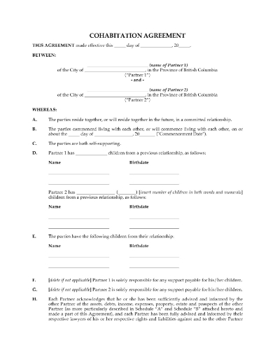 British Columbia Cohabitation Agreement