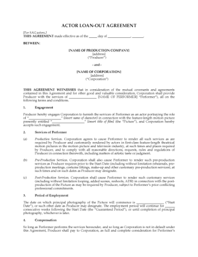 Picture of Actor Loan Out Agreement for SAG actors | USA