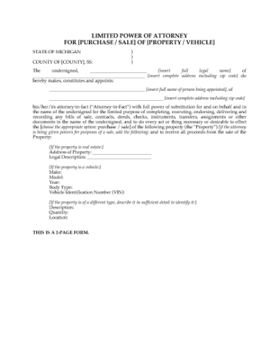 Picture of Michigan Power of Attorney for Purchase or Sale of Asset