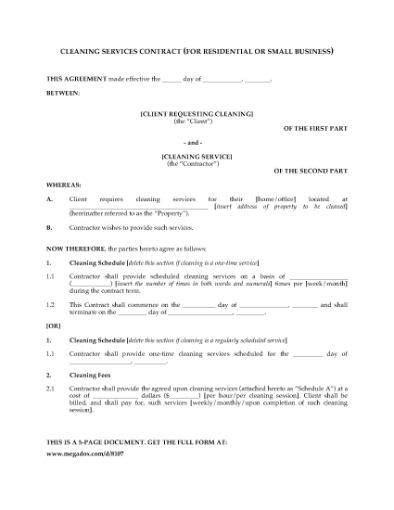 Picture of Cleaning Contract for Residential and Small Business Clients