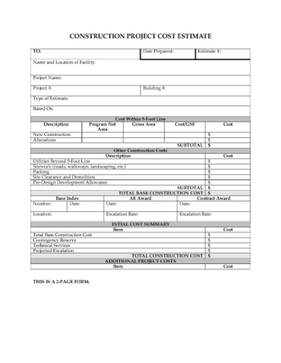 Picture of Construction Project Cost Estimate