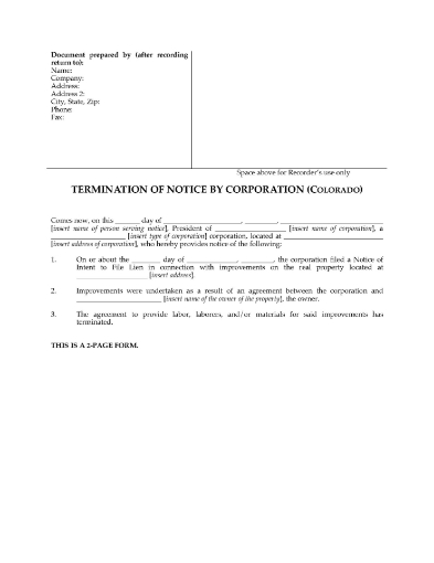 Colorado Termination of Notice by Corporation
