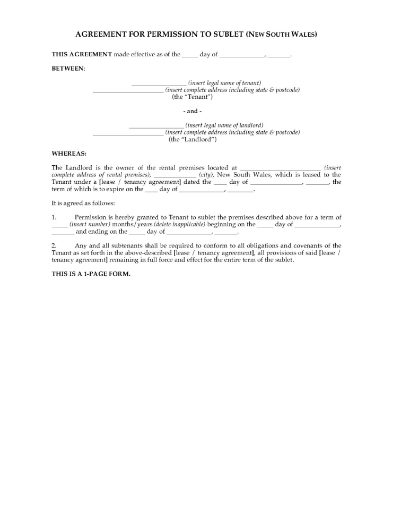 Permission of landlord to allow tenant to sublet rental unit in New South Wales