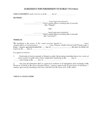 Permission agreement between landlord and tenant to sublet residential premises in the State of Victoria