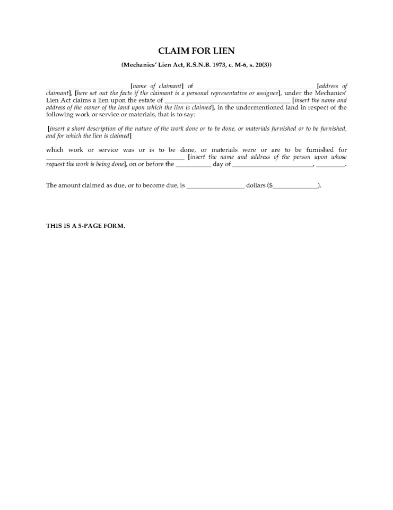 New Brunswick Claim for Lien