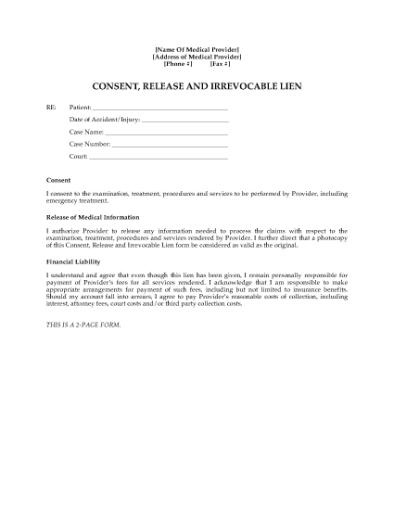 Picture of Arkansas Medical Release and Irrevocable Lien