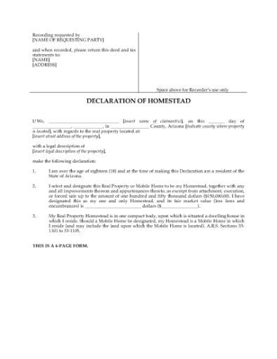 Picture of Arizona Declaration of Homestead