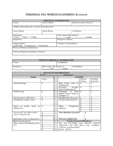 Personal Net Worth Statement