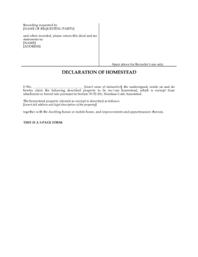 Picture of Montana Declaration of Homestead