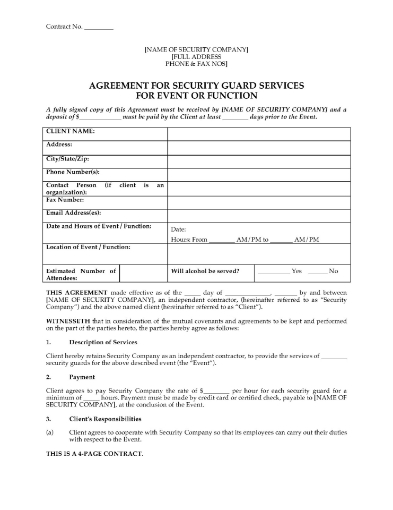 USA Security Guard Agreement for event or function