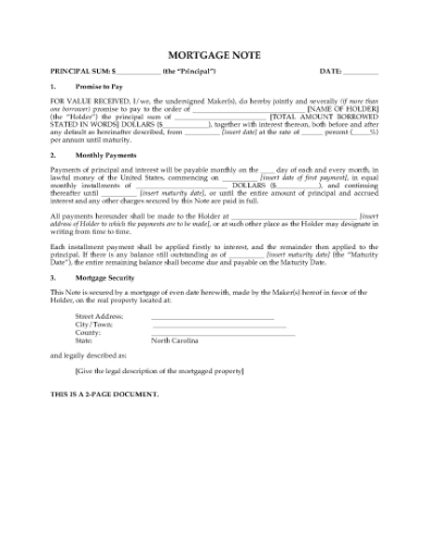 Picture of North Carolina Mortgage Note