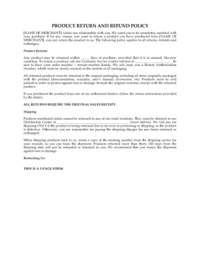 Picture of Product Return and Refund Policy