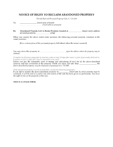 Florida Notice of Right to Reclaim Abandoned Property